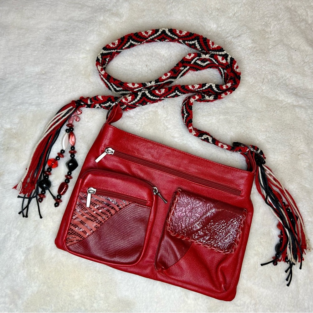 Monica Henao Red Leather Contrast Embellished Crossbody Bag
